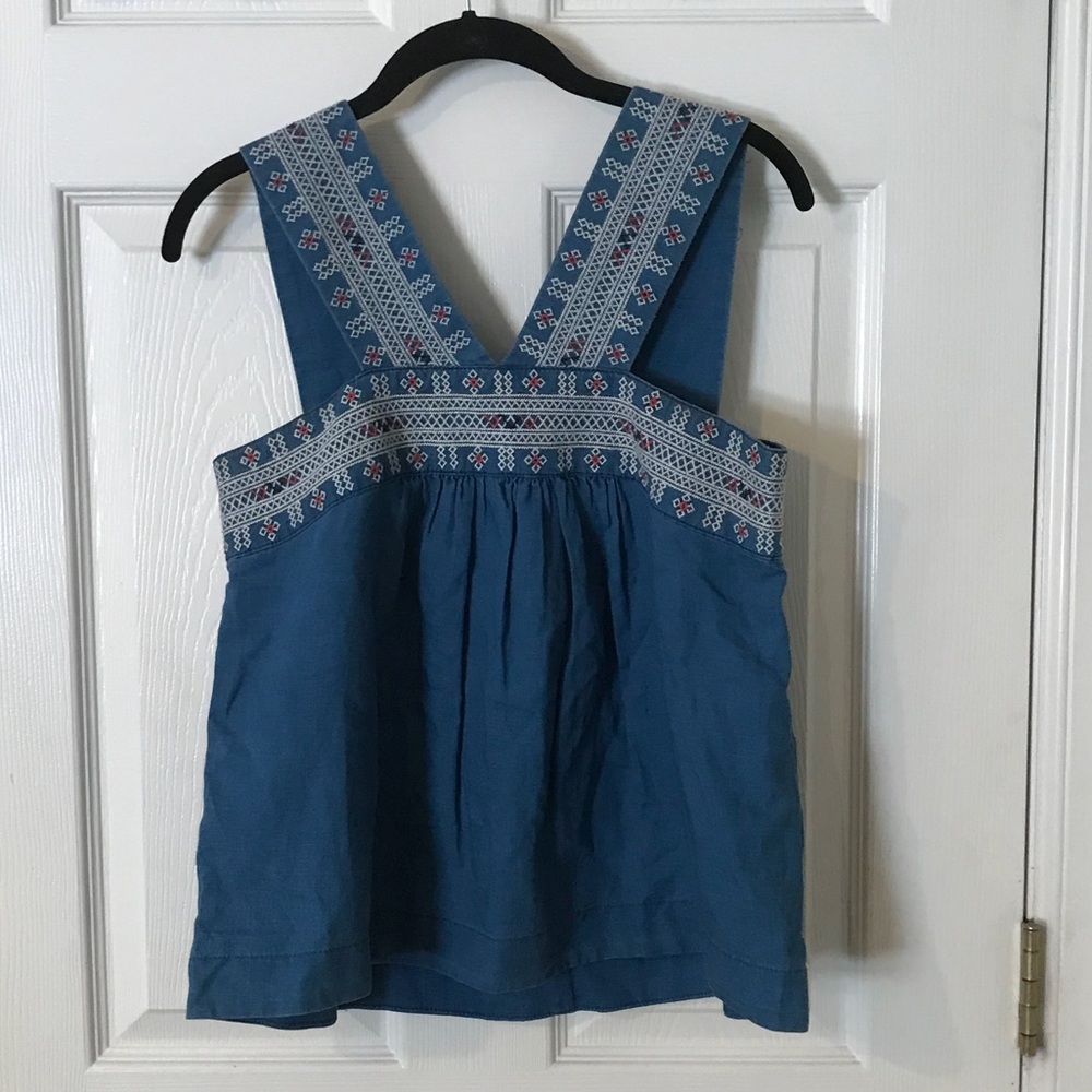 Madewell denim embroidered flattering neckline top